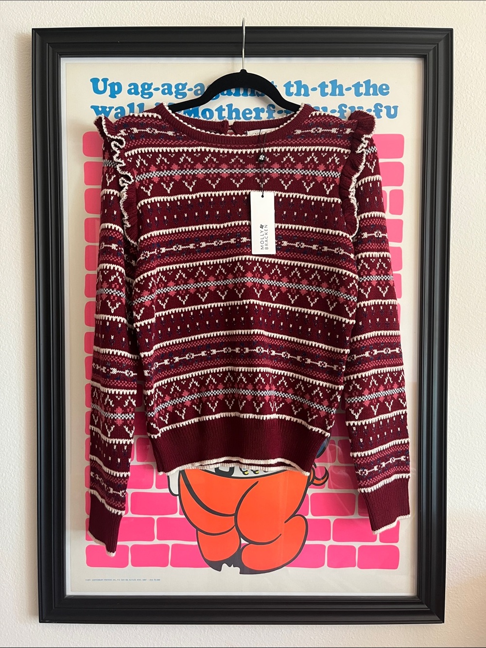 Molly Bracken Burgundy and White Fair Isle Knit Sweater